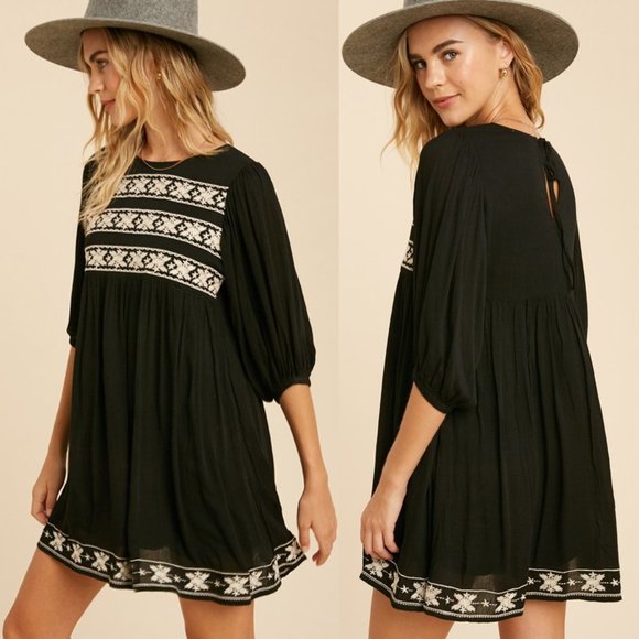 NEW Black Ethnic Embroidered BOHO Babydoll Dress - Picture 5 of 11